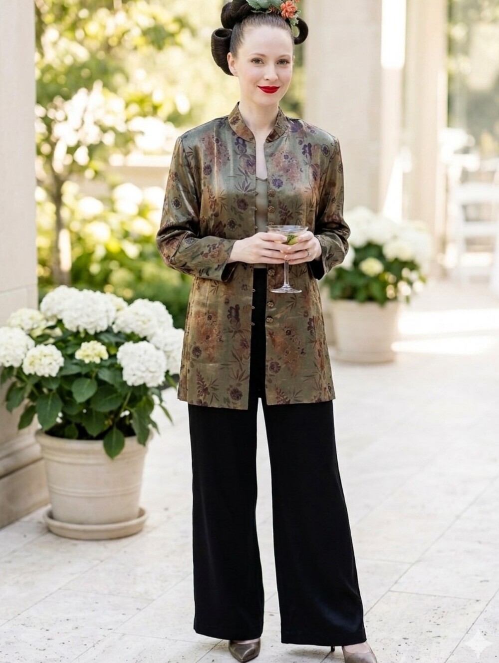 STUNNING💗Oriental Stlyle Mandarin Collar Moss Green&Gold Floral Blazer Sz 20